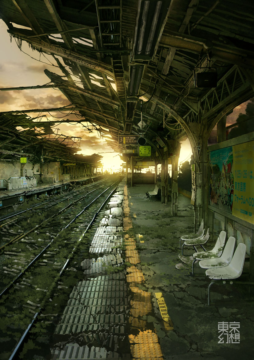 billboard chair clock cloud clouds empty messy no_humans original overgrown post-apocalyptic railroad_tracks ruins scenery signature sky sunlight tokyogenso train_station
