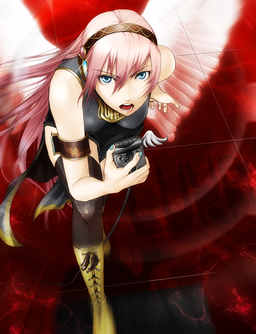 bad_id blue_eyes boots long_hair megurine_luka microphone motion_blur pink_hair thigh-highs thighhighs vocaloid wings