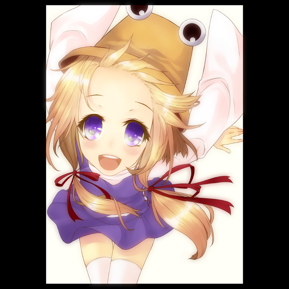 blonde_hair blue_eyes eyes female hair_ribbon hat moriya_suwako ribbon short_hair simple_background solo thigh-highs thighhighs toufu touhou