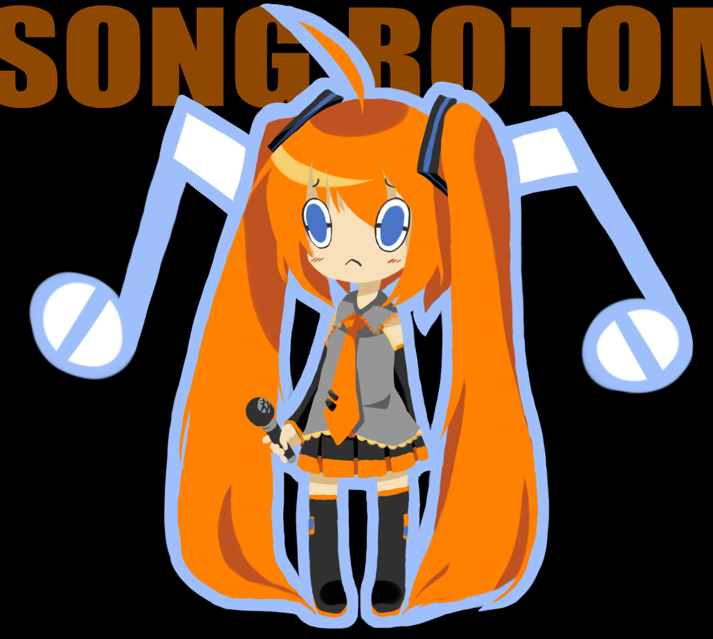 blue_eyes chibi hatsune_miku microphone necktie orange_hair pokemon rotom skirt twintails vocaloid