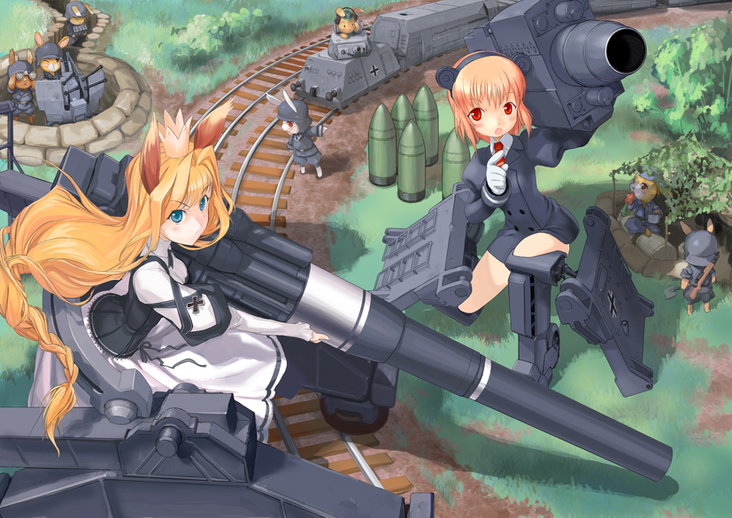 aa animal_ears antiaircraft_weapon blonde_hair blue_eyes bunny cannon crown german girl_arms gloves helmet long_hair mecha_musume military military_uniform mortar mortar_(weapon) orange_hair rabbit railway_gun red red_eyes short_hair train uniform world_war_ii wwii zeco