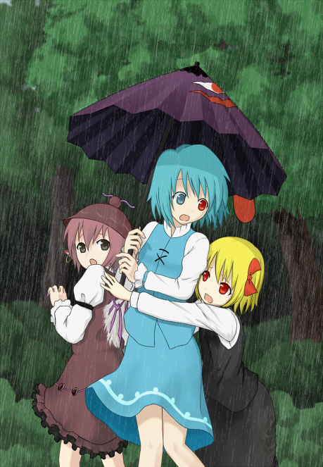 azusa-52 blonde_hair blue_hair bow dress dress_shirt earrings forest green_eyes hat heterochromia hug jewelry karakasa karakasa_obake multiple_girls mystia_lorelei nature piercing purple_hair rain red_eyes rumia shirt tatara_kogasa tongue touhou tree umbrella vest wings