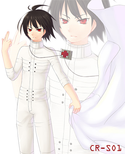 ahoge black_hair bodysuit chou_shittou_caduceus cr-s01 labcoat male pointing red_eyes rukusorashiro solo sorashiro_ruku trauma_center trauma_team turtleneck undressing zoom_layer