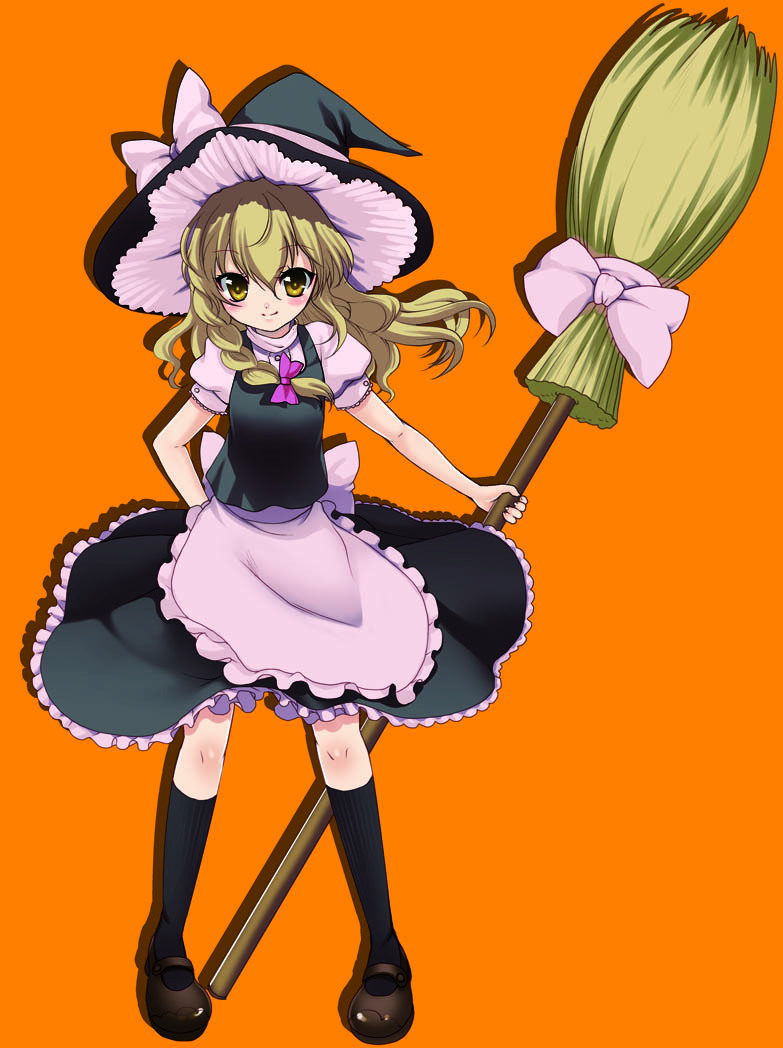 bad_id blonde_hair braid broom hanao_(artist) hanao_(kuma-tan_flash!) hat kirisame_marisa mary_janes shoes short_hair socks solo touhou witch_hat yellow_eyes