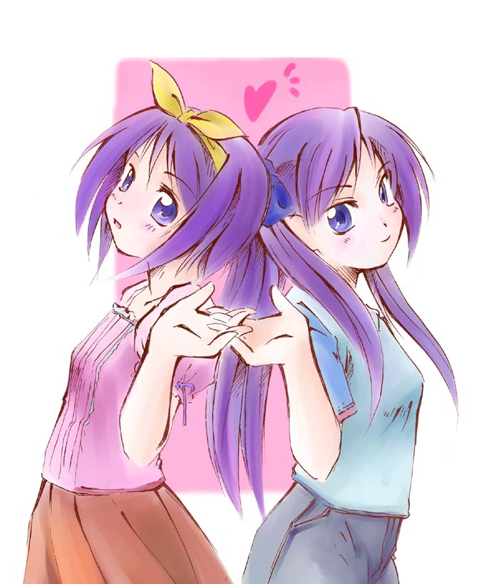 back_to_back blue_eyes casual hiiragi_kagami hiiragi_tsukasa jiei_son lucky_star purple_hair short_hair siblings sisters twins twintails