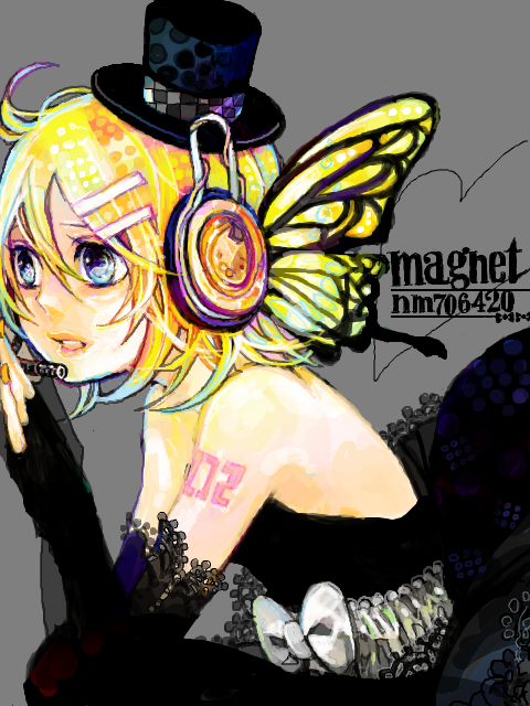 (?&infin;??) blonde_hair blue_eyes butterfly_wings dress elbow_gloves fingerless_gloves gloves hair_ornament hairclip hat headphones headset kagamine_rin magnet_(vocaloid) mini_top_hat nail_polish short_hair solo top_hat vocaloid wings wory