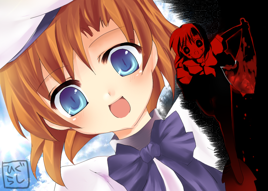 blood blue_eyes bow crazy_eyes dango_(airdanngo) hat higurashi_no_naku_koro_ni orange_hair ryuuguu_rena short_hair