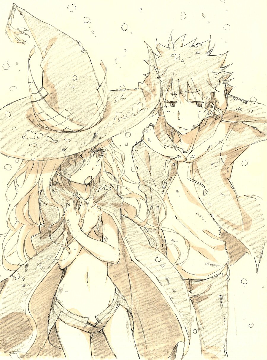 1boy 1girl cape_tug delf groin hand_in_hair hat highres hood hoodie kamijou_touma monochrome navel othinus pants short_hair sketch snow snow_on_head spot_color to_aru_majutsu_no_index to_aru_majutsu_no_index:_new_testament waist witch_hat