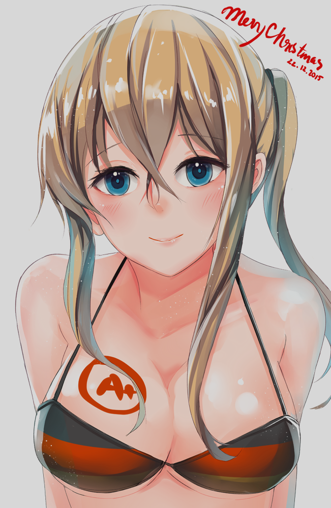 1girl alternate_hairstyle bare_shoulders bikini_top blonde_hair blue_eyes blush bodypaint breasts cleavage closed_mouth collarbone flag_print german_flag graf_zeppelin_(kantai_collection) grey_background hair_between_eyes head_tilt kantai_collection merry_christmas sekigan short_hair_with_long_locks side_ponytail sidelocks simple_background smile solo tsurime upper_body