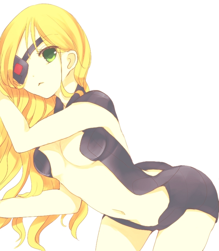 1girl :&lt; artist_request ass bent_over blonde_hair bodysuit breasts cleavage eyepatch green_eyes leaning_forward long_hair navel othinus simple_background solo to_aru_majutsu_no_index