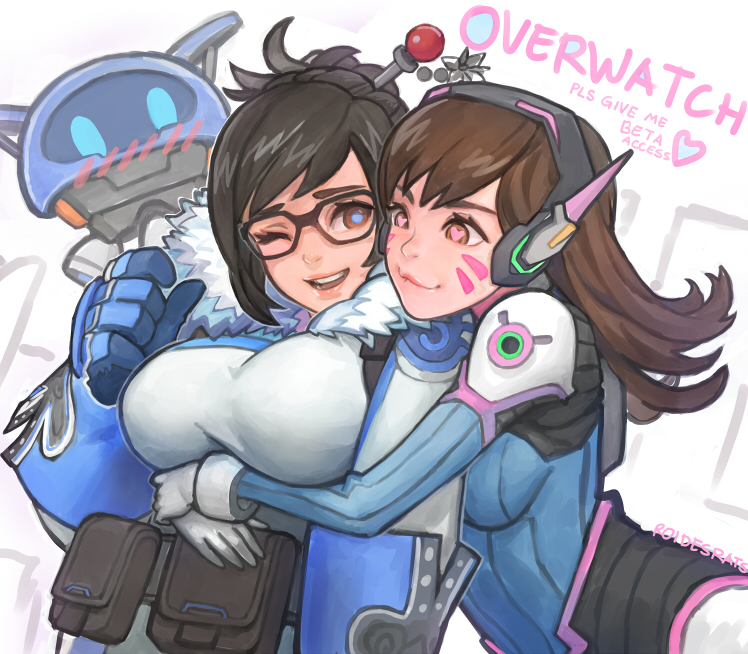 2girls :3 bodysuit breasts d.va_(overwatch) facial_mark fur_trim gloves heart heart-shaped_pupils hug large_breasts mei_(overwatch) multiple_girls one_eye_closed overwatch roidesrats smile symbol-shaped_pupils winter_clothes