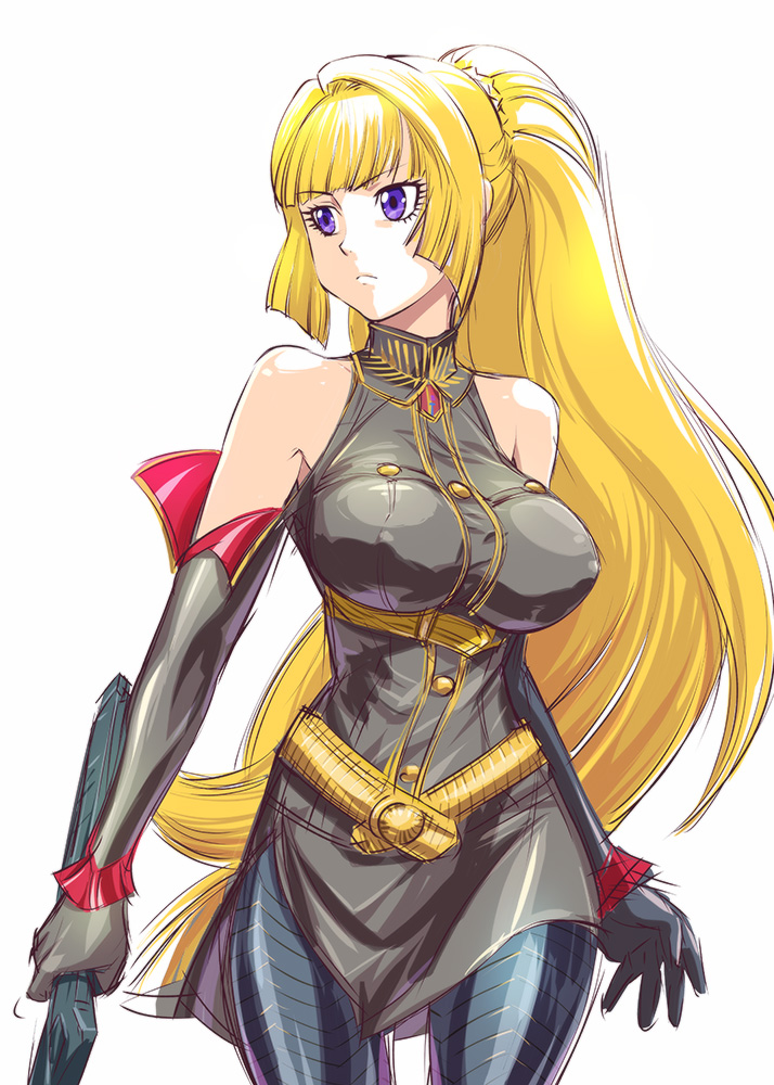 1girl bare_shoulders belt blonde_hair breasts covered_nipples elbow_gloves frown gloves gundam gundam_tekketsu_no_orphans impossible_clothes kudelia_aina_bernstein large_breasts long_hair military military_uniform ponytail selvaria_bles selvaria_bles_(cosplay) senjou_no_valkyria shiny shiny_hair shiny_skin solo sword ueyama_michirou uniform violet_eyes weapon