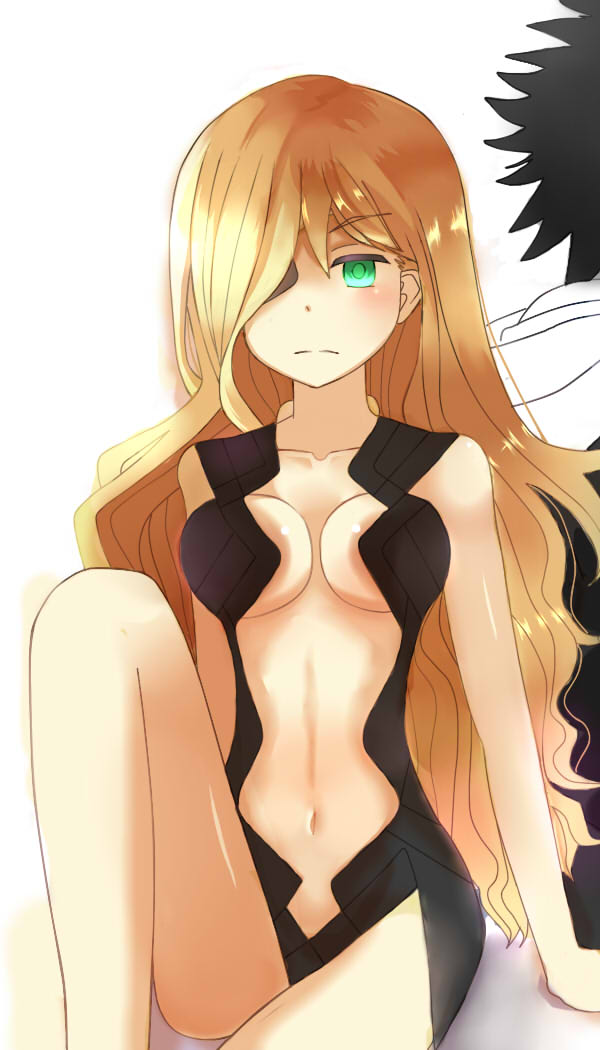 1boy 1girl artist_request bare_arms bare_shoulders blonde_hair blush breasts cleavage eyepatch green_eyes hair_over_one_eye kamijou_touma long_hair navel othinus shiny shiny_skin solo_focus to_aru_majutsu_no_index
