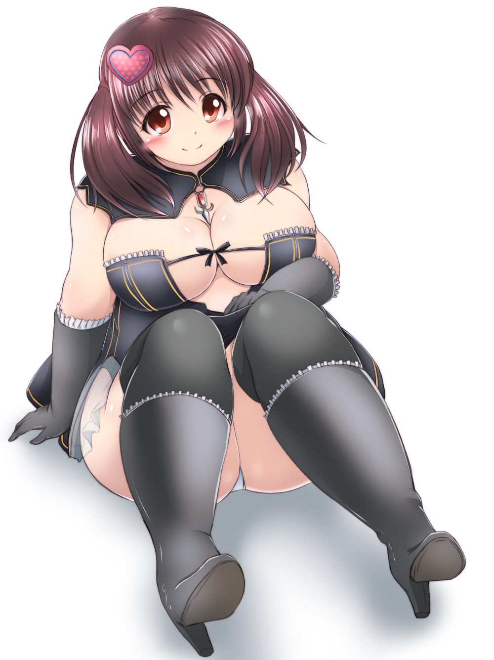 1girl arm_support black_gloves blush boots breasts brown_hair capelet cleavage fat gloves hair_ornament heart_hair_ornament high_heel_boots high_heels highres jewelry kurokaze_no_sora large_breasts looking_at_viewer meat_day necklace original panties pantyshot pantyshot_(sitting) phantasy_star phantasy_star_online_2 plump red_eyes sitting smile solo thick_thighs thigh-highs thighs twintails underwear