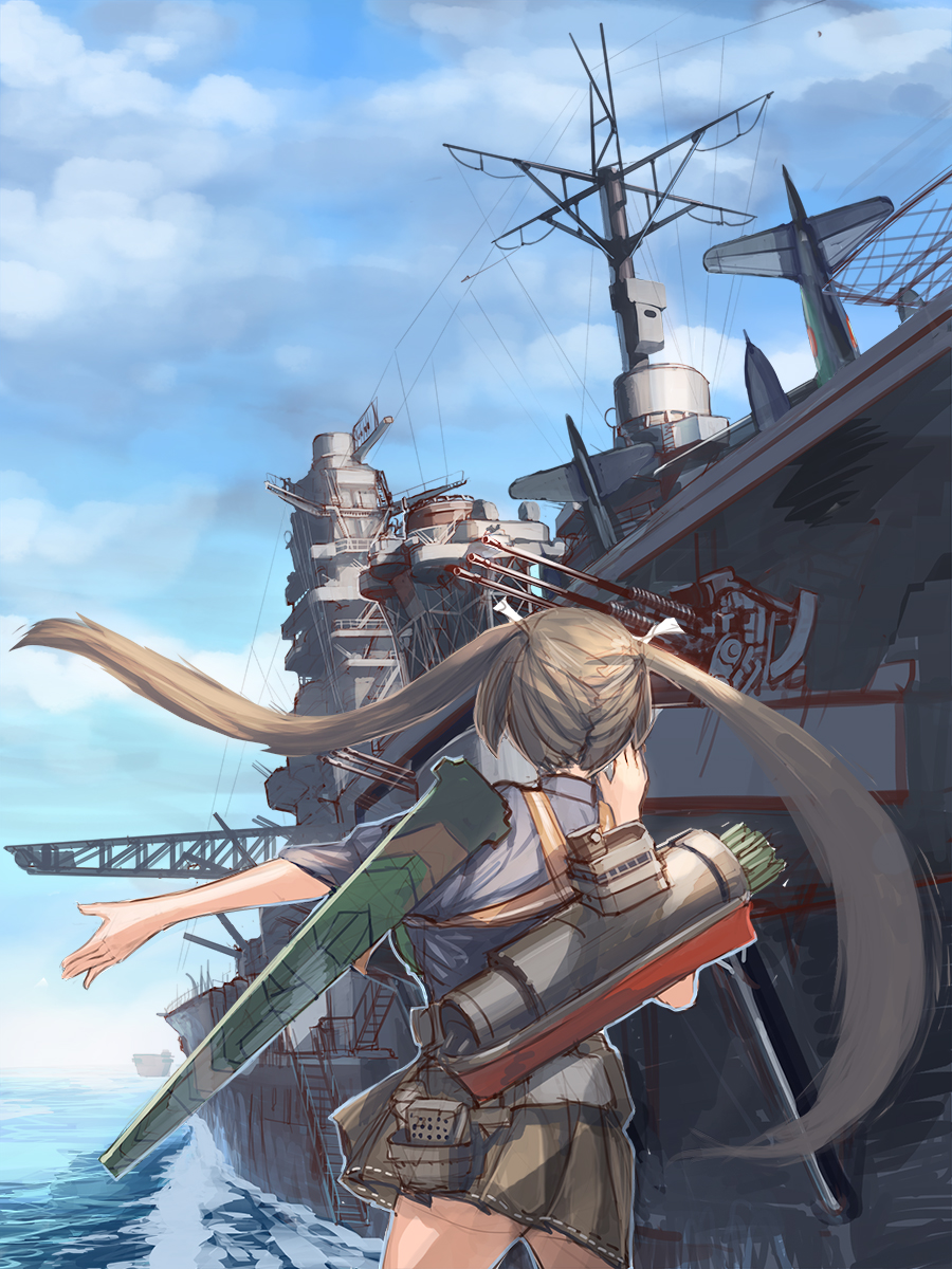 1girl aircraft_carrier antiaircraft_weapon battleship black_hair clouds doraxi from_behind hakama_skirt highres horizon kantai_collection long_hair looking_up ocean outstretched_arm ship sketch sky solo twintails warship water zuikaku_(kantai_collection)