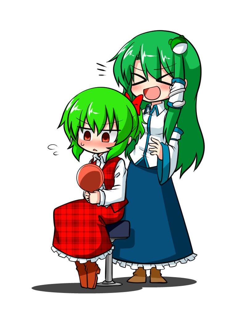 &gt;_&lt; 2girls :d alternate_hairstyle barber_chair blush boots bow chibi closed_eyes collared_shirt detached_sleeves flying_sweatdrops frog_hair_ornament green_hair hair_bow hair_ornament hair_tubes hand_mirror height_difference katsumi5o kazami_yuuka kochiya_sanae laughing long_hair long_skirt mirror multiple_girls open_mouth plaid plaid_skirt plaid_vest ponytail red_eyes shirt sitting skirt smile snake_hair_ornament stool sweatdrop touhou triangle_mouth very_long_hair vest xd