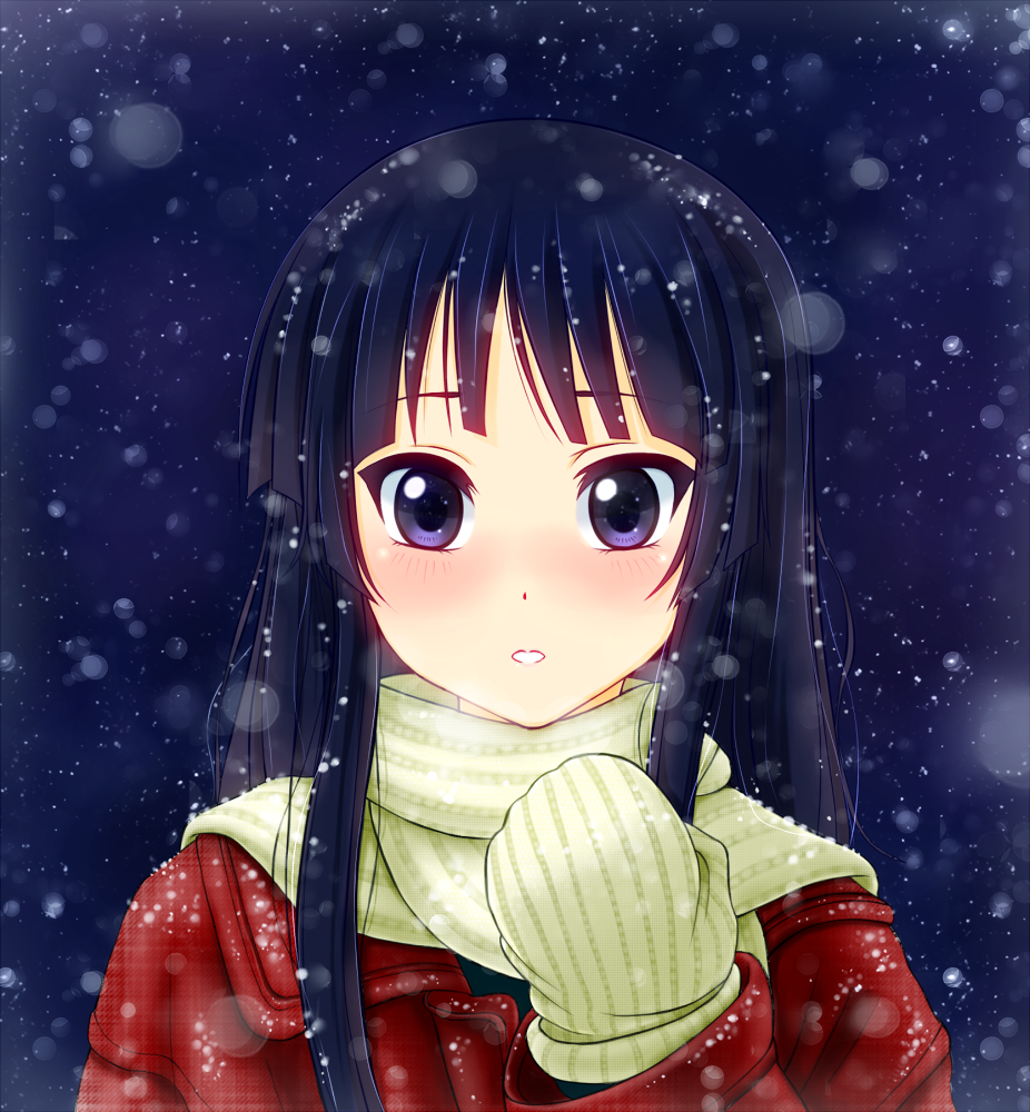 1girl akiyama_mio black_hair hiro9779 k-on! long_hair mittens scarf snow violet_eyes
