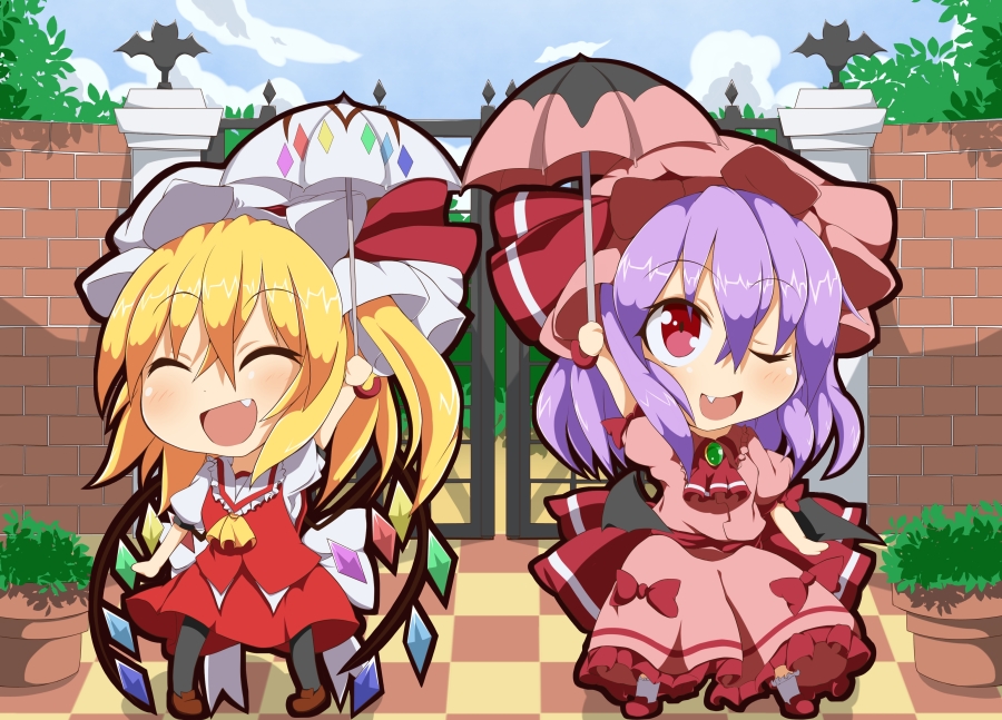 2girls :d ascot blush bow checkered checkered_floor chibi dress fang flandre_scarlet gate hat hat_ribbon kan_lee mob_cap multiple_girls open_mouth parasol puffy_short_sleeves puffy_sleeves red_bow red_eyes red_ribbon remilia_scarlet ribbon short_sleeves siblings sisters smile touhou umbrella wings