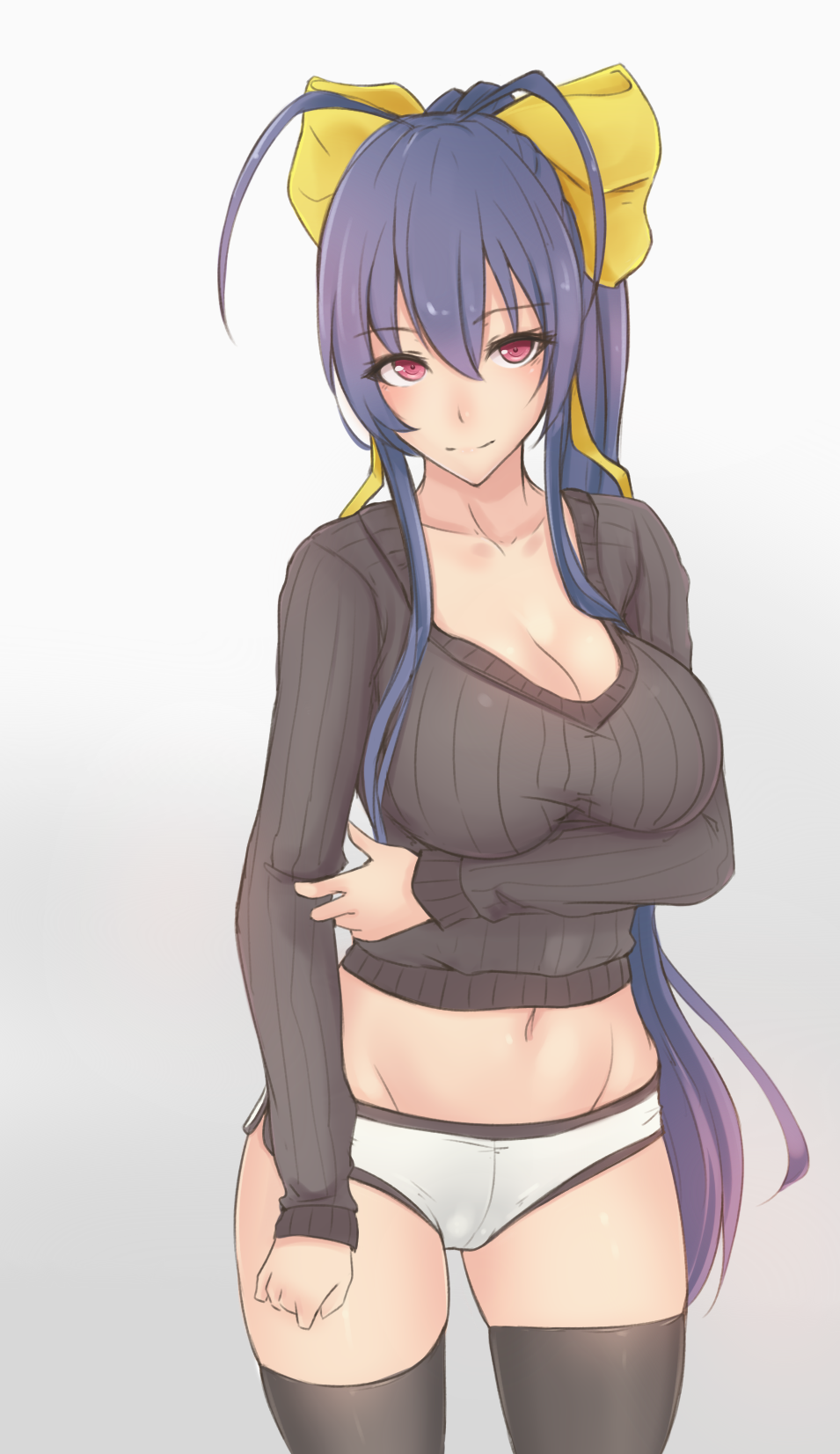 1girl antenna_hair black_legwear blazblue blazblue_remix_heart blue_hair bow breast_hold breast_lift breasts cleavage collarbone crop_top female genderswap hair_bow highres impossible_clothes impossible_sweater kubo_(artist) large_breasts long_hair looking_at_viewer mai_natsume midriff navel ponytail red_eyes ribbed_sweater ribbon short_shorts shorts simple_background smile solo sweater thigh-highs very_long_hair