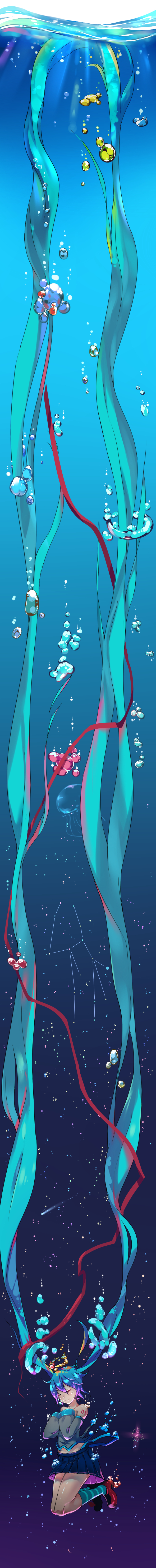 1girl absurdly_long_hair absurdres air_bubble aqua_hair bare_shoulders bubble closed_eyes comet constellation hatsune_miku highres jellyfish long_hair long_image pleated_skirt qing_lan ribbon shinkai_shoujo_(vocaloid) skirt solo tall_image twintails underwater very_long_hair vocaloid water