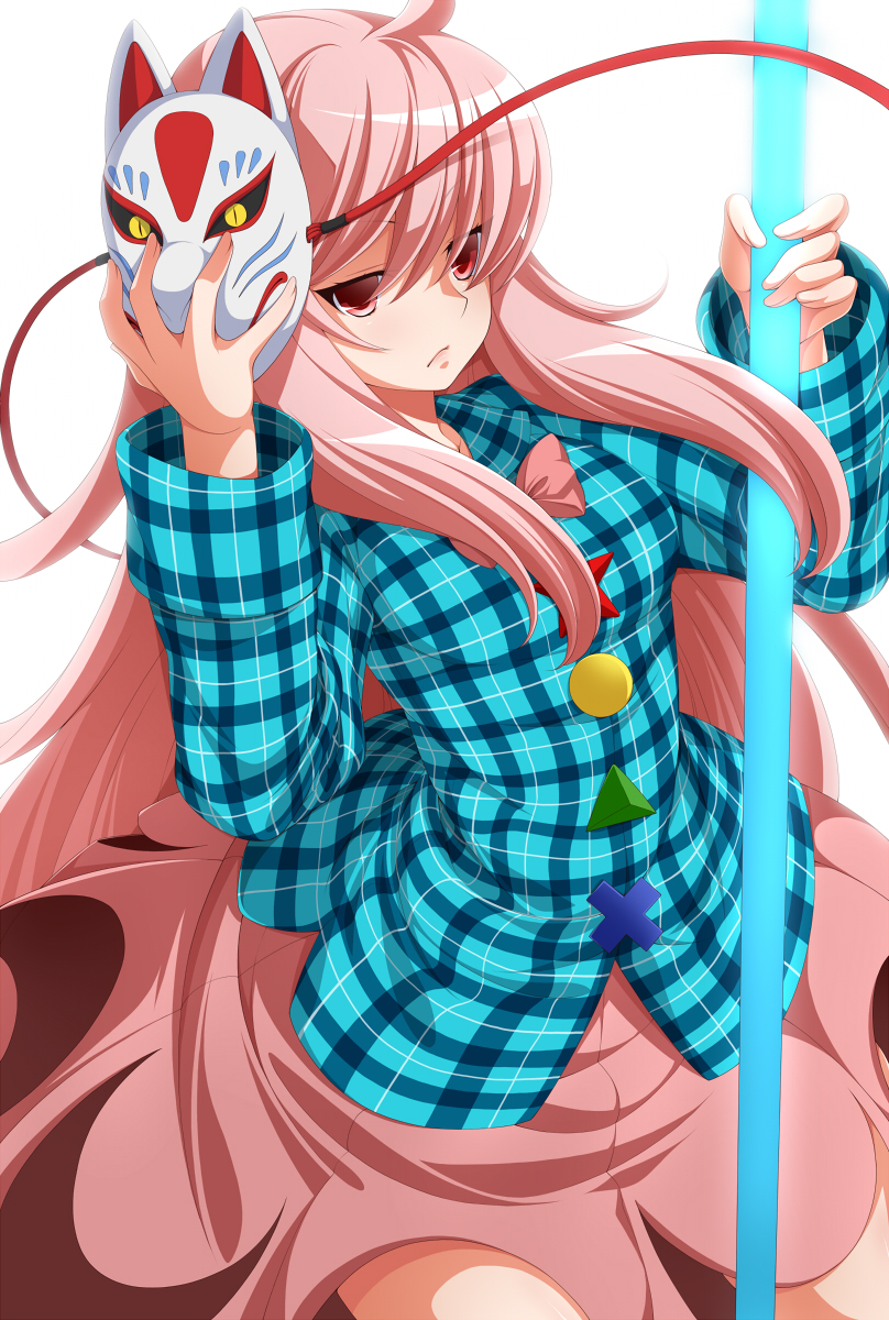1girl ahoge bangs bow bubble_skirt buttons cowboy_shot eichi_yuu fox_mask frown hata_no_kokoro highres holding_mask long_hair long_sleeves mask mask_on_head pink_bow pink_hair plaid plaid_shirt red_eyes shirt simple_background skirt solo sphere touhou very_long_hair white_background