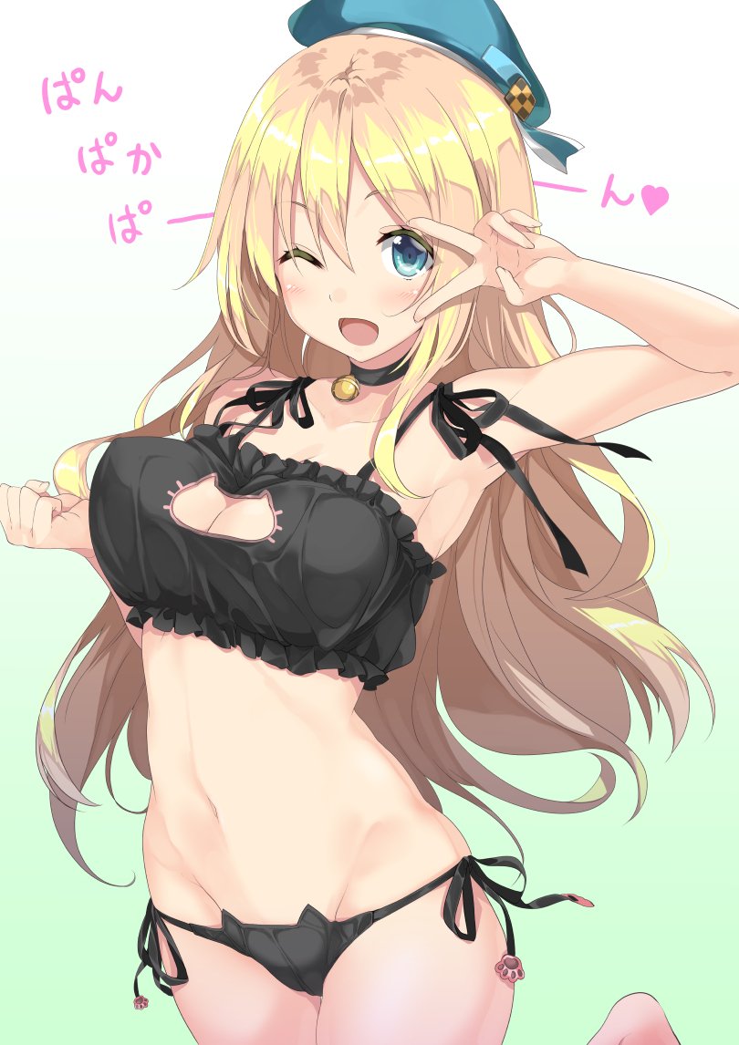 1girl ;d atago_(kantai_collection) bell bell_choker beret blonde_hair blue_eyes blush bra breasts cat_cutout cat_ear_panties cat_lingerie choker cleavage cleavage_cutout gintarou_(kurousagi108) hat jingle_bell kantai_collection large_breasts long_hair looking_at_viewer navel one_eye_closed open_mouth pan-pa-ka-paaan! panties side-tie_panties smile solo underwear underwear_only v v_over_eye white_bra white_panties