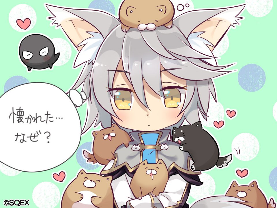 &gt;_&lt; 1girl animal_ears blush closed_eyes dog heart official_art pop-up_story rita_drake short_hair silver_hair tail thought_bubble wolf_ears wolf_tail yellow_eyes