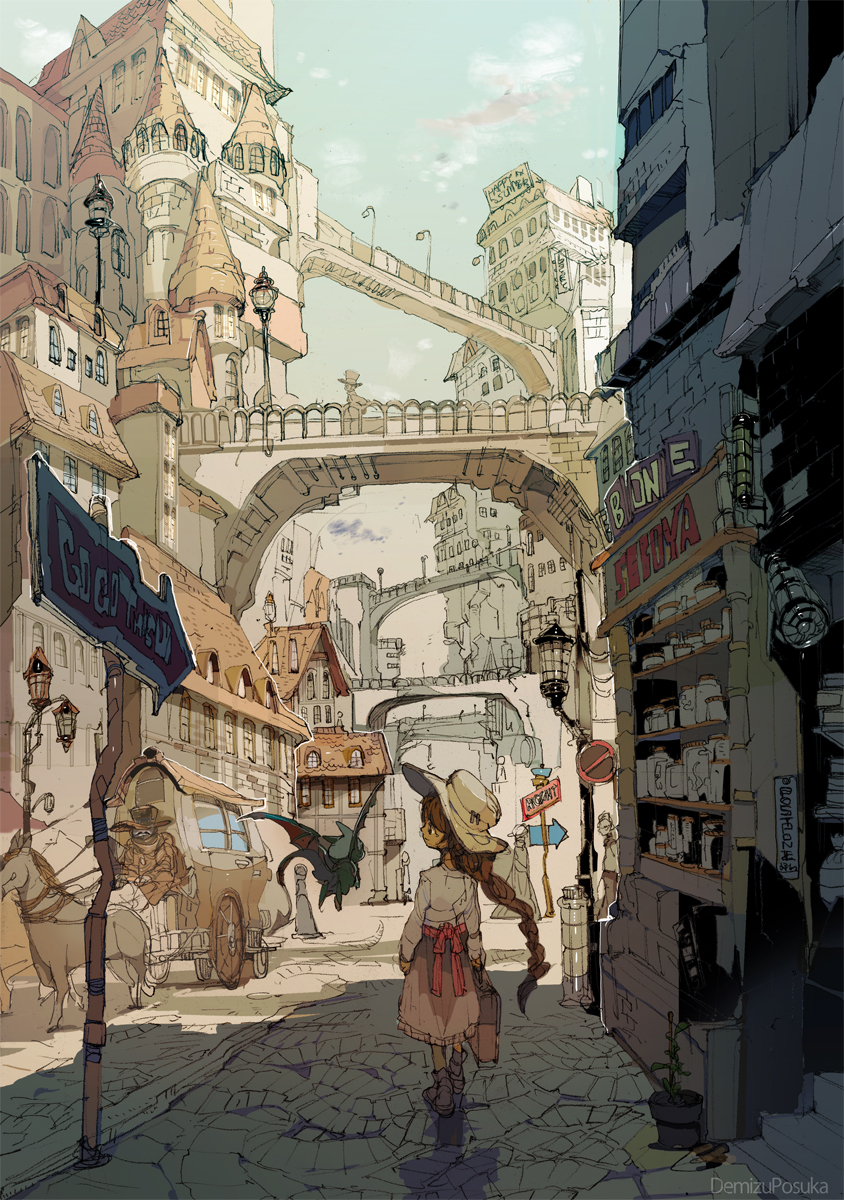 1girl animal artist_name braid bridge briefcase brown_hair building carriage city clouds creature demizu_posuka dress from_behind hat highres horse jar lamppost long_hair original plant potted_plant road sign single_braid sky solo_focus storefront street tagme very_long_hair wings