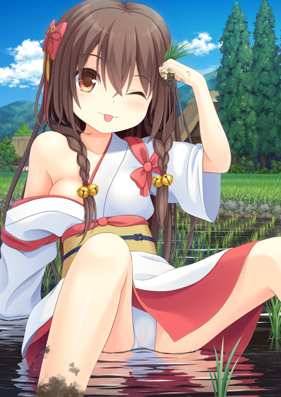 1girl ;) ;p arm_support bangs bare_shoulders bell blue_sky bow braid breasts brown_eyes brown_hair building bush clouds collarbone dirty eyebrows eyebrows_visible_through_hair forest grass hair_between_eyes hair_bow hair_ornament hair_over_shoulder head_tilt highres house japanese_clothes jingle_bell kimono legs_apart long_hair mountain mud nature obi off_shoulder one_eye_closed open_clothes open_kimono original outdoors panties pantyshot pantyshot_(sitting) plant pond red_bow red_skirt reflection revision rice_paddy rural sash see-through short_sleeves sitting skirt sky smile solo sora_freebird spread_legs tasuki tongue tongue_out tree twin_braids underbust underwear water wet wet_panties white_panties