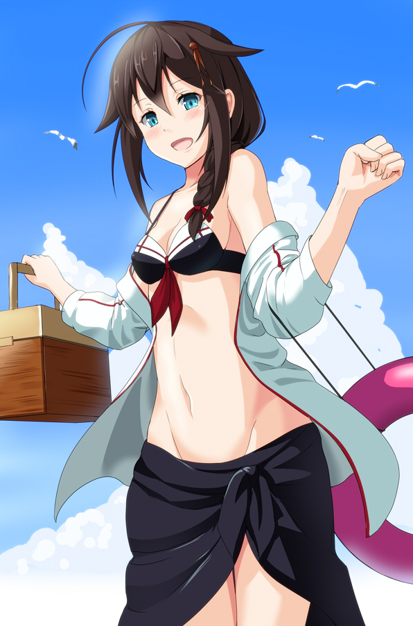1girl :d adapted_costume ahoge animal basket bikini_top bird black_ribbon blue_eyes blue_sky blush braid breasts brown_hair cleavage clouds collarbone cowboy_shot flying front_braid groin hair_between_eyes hair_flaps hair_ornament hair_over_shoulder hairpin hirame_sa holding innertube kantai_collection long_hair long_sleeves midriff navel open_clothes open_mouth open_shirt outdoors red_ribbon ribbon sarong shigure_(kantai_collection) shirt side_slit single_braid sky small_breasts smile solo standing stomach tareme white_shirt