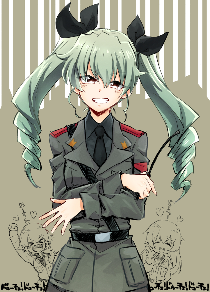 3girls anchovy carpaccio cowboy_shot crossed_arms drill_hair gamaruta girls_und_panzer grey_eyes grin hair_ribbon heart long_hair multiple_girls necktie pepper red_eyes ribbon riding_crop smile solo_focus spoken_heart translation_request twin_drills uniform