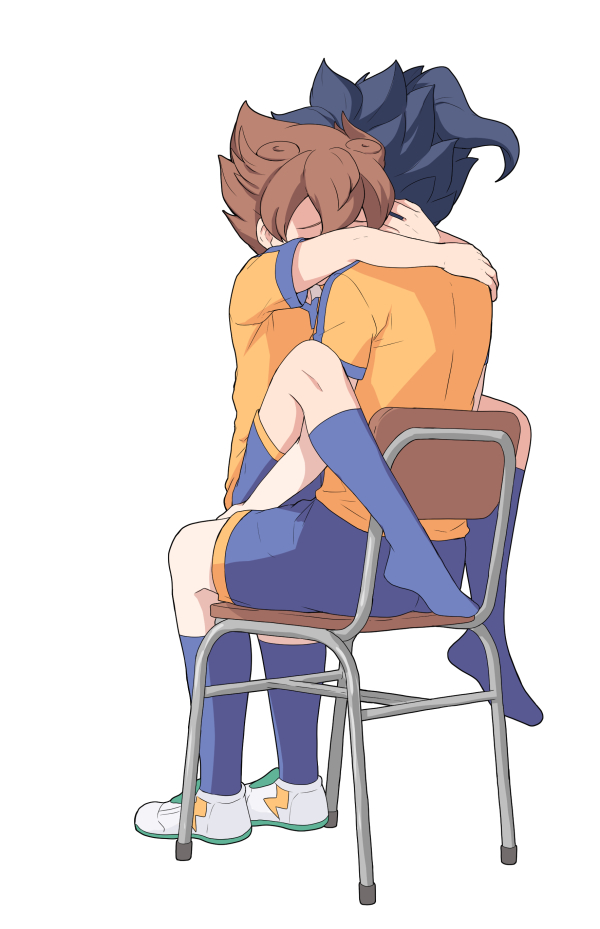 2boys blue_hair blue_legwear brown_hair chair inazuma_eleven_(series) inazuma_eleven_go male_focus matsukaze_tenma multiple_boys no_shoes raimon raimon_soccer_uniform short_hair simple_background sitting sitting_on_person soccer_uniform socks sportswear t_(toddy_t) tsurugi_kyousuke white_background