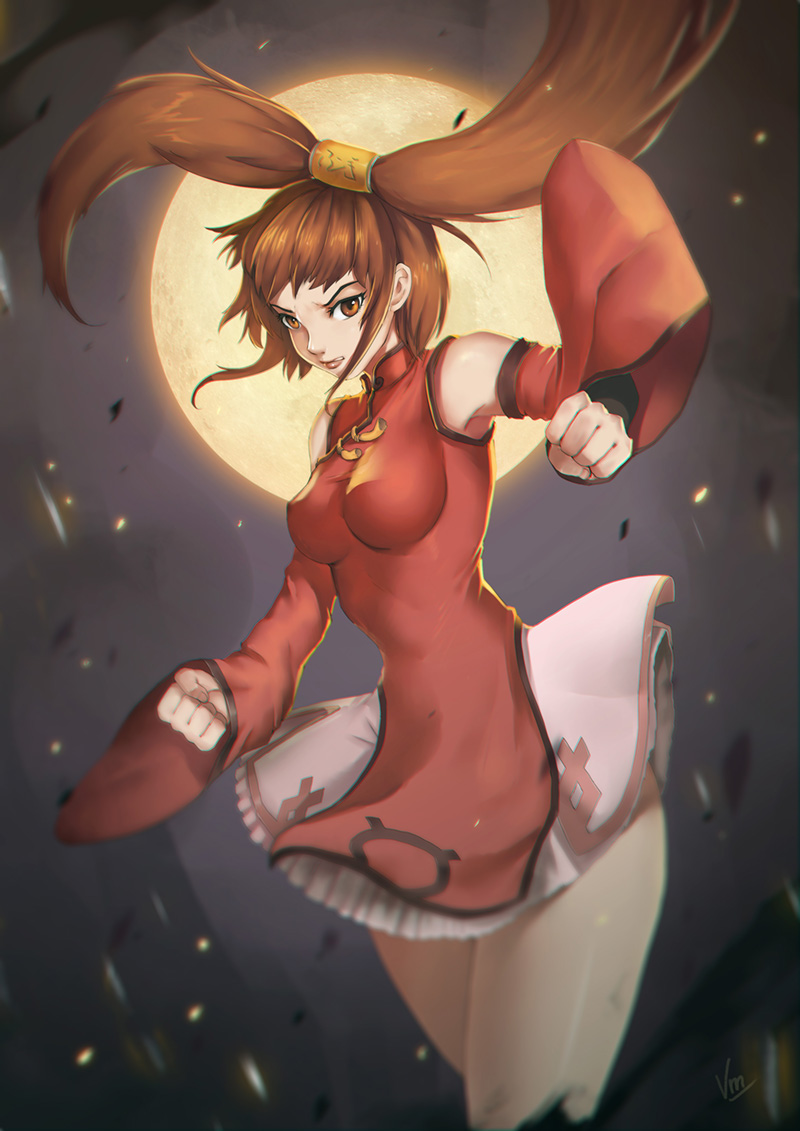 1girl brown_eyes brown_hair china_dress chinese_clothes detached_sleeves dress guilty_gear hair_ring impossible_clothes kuradoberi_jam long_hair solo thieu_quang_duc twintails