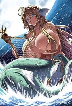 1girl aqua_eyes artist_request breasts copyright_request full_moon hair_over_breasts harp holding instrument large_breasts lowres mermaid monster_girl moon night night_sky sky solo splashing water