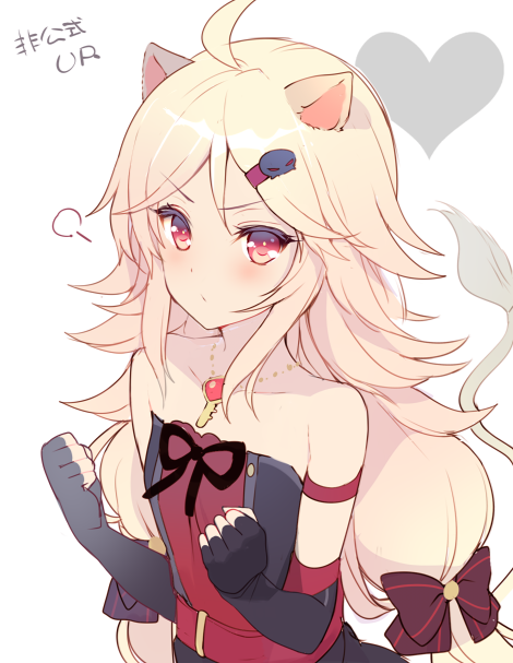 1girl aireen_(show_by_rock!!) animal_ears blonde_hair elbow_gloves fingerless_gloves gloves hair_ornament hairclip heart jewelry key lion_ears lion_tail long_hair mayachi_(amuriya) necklace red_eyes show_by_rock!! simple_background tail upper_body white_background