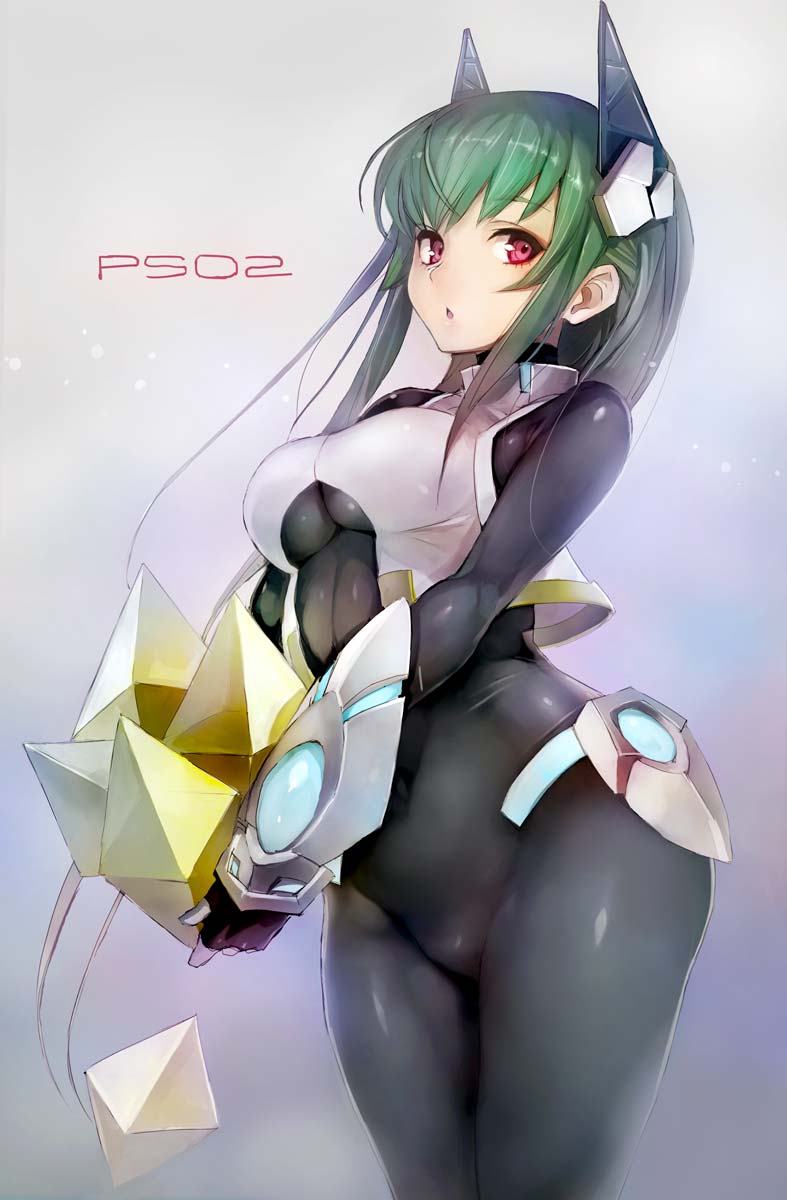 1girl armor bodysuit breasts cropped_vest gauntlets green_hair headgear highres impossible_clothes large_breasts long_hair looking_at_viewer menou_kaname open_mouth phantasy_star phantasy_star_online_2 pink_eyes skin_tight solo taishi_(picchiridou) very_long_hair
