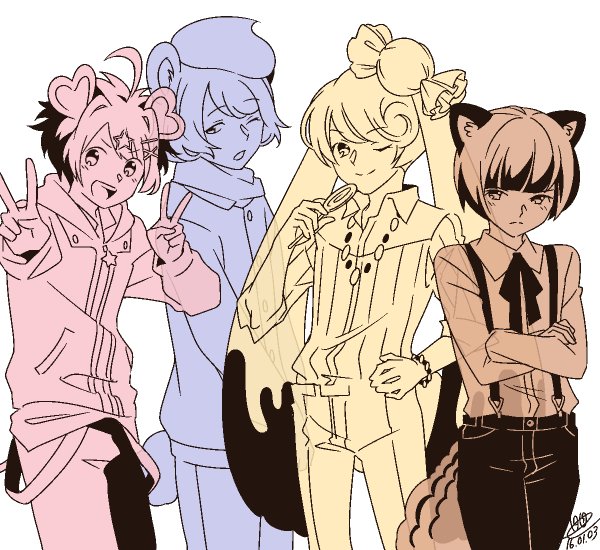 4boys animal_ears bear_ears bear_tail bracelet candy candy_lapin_(show_by_rock!!) chahora_(siki_dos) chokyuruiyu_(show_by_rock!!) cream_teddy_(show_by_rock!!) crossed_arms double_v genderswap hand_on_hip hands_in_pockets hood hoodie jewelry lollipop multiple_boys pig_ears pig_macaron_(show_by_rock!!) rabbit_ears short_hair show_by_rock!! signature smile squirrel_ears squirrel_tail tail v