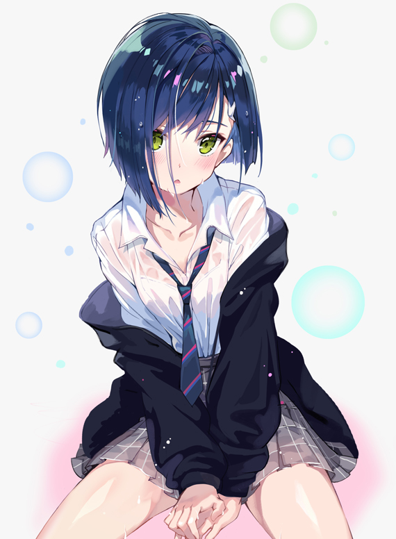 1girl bangs black_jacket black_neckwear blazer blue_hair bra bubble_background collarbone collared_shirt darling_in_the_franxx green_eyes grey_skirt hair_ornament hairclip ichigo_(darling_in_the_franxx) jacket long_sleeves looking_at_viewer m2_(guvn5745) necktie off_shoulder open_clothes open_jacket own_hands_together plaid plaid_skirt pleated_skirt school_uniform see-through shirt short_hair sitting skirt solo striped striped_neckwear underwear v_arms water_drop wet wet_clothes wet_hair wet_shirt white_bra white_shirt wing_collar