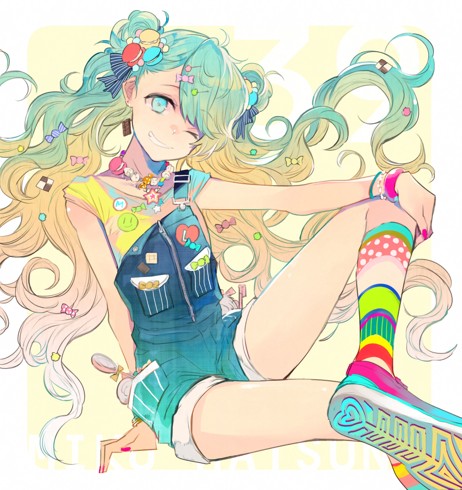 1girl aqua_eyes aqua_hair bow bracelet earrings food_themed_clothes gradient_hair grin hair_bow hair_ornament hairclip hatsune_miku jewelry long_hair multicolored_hair nail_polish nozaki_tsubata one_eye_closed pin shoes smile sneakers suspenders twintails very_long_hair vocaloid