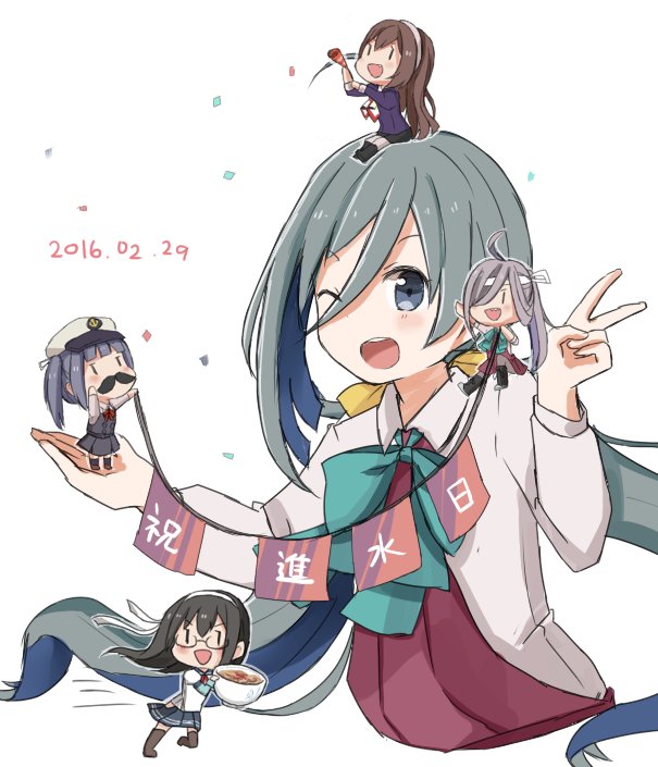5girls ahoge anniversary asashimo_(kantai_collection) ashigara_(kantai_collection) blue_hair bow bowtie commentary_request dated facial_hair fairy_(kantai_collection) grey_eyes grey_hair hat kantai_collection kasumi_(kantai_collection) kiyoshimo_(kantai_collection) long_hair low_twintails minigirl multicolored_hair multiple_girls mustache one_eye_closed ooyodo_(kantai_collection) open_mouth peaked_cap riz_(ravel_dc) school_uniform sitting sitting_on_head sitting_on_person sitting_on_shoulder translation_request twintails v