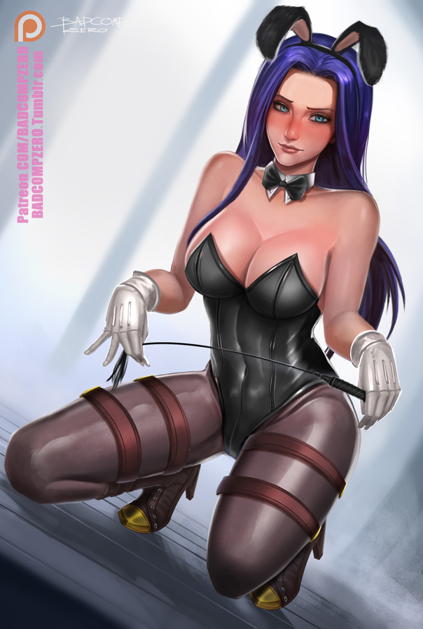 1girl animal_ears badcompzero bare_shoulders blush breasts bunny_girl bunnysuit caitlyn_(league_of_legends) cleavage covered_navel gloves high_heels league_of_legends long_hair pantyhose purple_hair rabbit_ears signature solo white_gloves