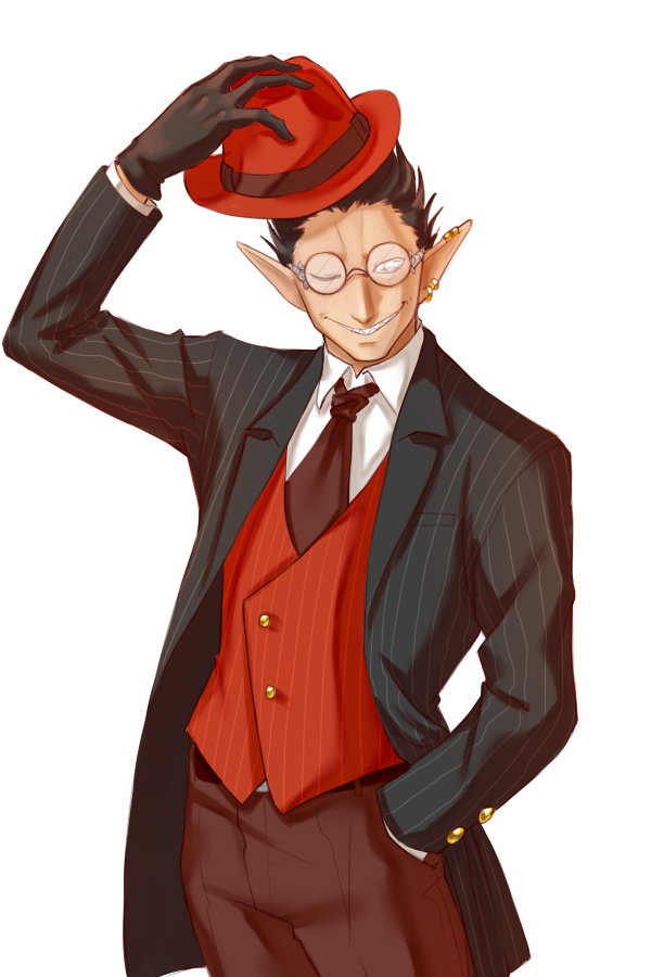 1boy artist_request black_gloves brown_hair demiurge earrings formal glasses gloves grin hand_in_pocket hat hat_tip jewelry necktie one_eye_closed overlord_(maruyama) pointy_ears sharp_teeth smile solo suit teeth vest