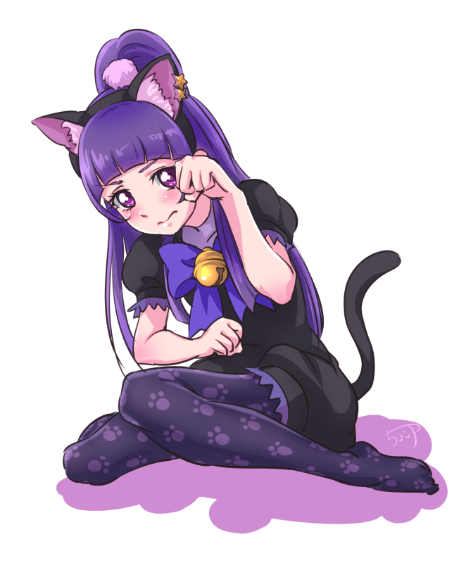 1girl animal_ears bell black_shirt blush bow cat_ears cat_tail chocokin frown hairband half_updo izayoi_liko jingle_bell kemonomimi_mode long_hair mahou_girls_precure! pantyhose paw_pose paw_print precure purple_bow purple_hair shirt signature solo tail violet_eyes white_background