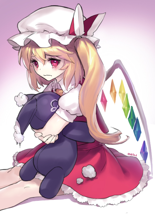 1girl ainy77 blonde_hair bow crying crying_with_eyes_open crystal flandre_scarlet gradient gradient_background hat hat_bow hug looking_at_viewer mob_cap puffy_sleeves red_eyes shirt short_sleeves side_ponytail sitting skirt skirt_set solo stuffed_animal stuffed_bunny stuffed_toy tears touhou vest wings