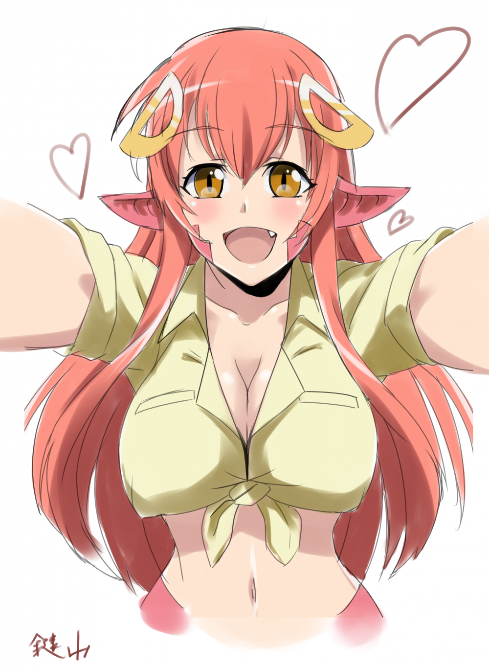 1girl :d breasts cleavage collarbone eyebrows eyebrows_visible_through_hair fang hair_ornament hairclip heart highres incoming_hug kagiyama_(gen'ei_no_hasha) lamia long_hair looking_at_viewer miia_(monster_musume) monster_girl monster_musume_no_iru_nichijou navel open_mouth pointy_ears redhead scales shirt signature simple_background smile solo tied_shirt upper_body white_background yellow_eyes