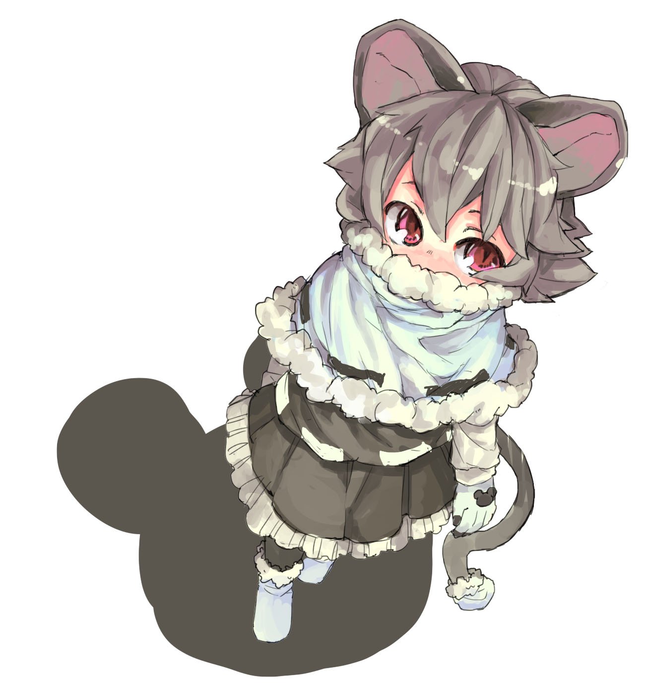 1girl animal_ears black_dress black_legwear blue_gloves blush covering_mouth dress full_body gloves grey_hair highres long_sleeves looking_at_viewer looking_up mouse_ears mouse_print mouse_tail nazrin no_shoes nose_blush pantyhose poncho red_eyes short_hair simple_background slit_pupils socks solo standing tail tareme touhou white_background white_legwear winter_clothes yunuki_uta