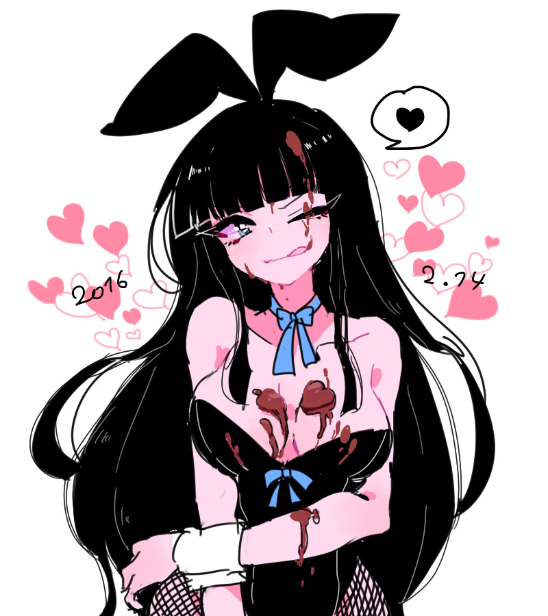 1girl 2016 ;q aano_(10bit) animal_ears black_hair blue_eyes breasts bunnysuit chocolate chocolate_heart chocolate_on_breasts chocolate_on_face cleavage fishnet_pantyhose fishnets food food_on_face heart hime_cut long_hair naishi-chan one_eye_closed original pantyhose rabbit_ears simple_background smile solo spoken_heart tongue tongue_out valentine white_background wrist_cuffs