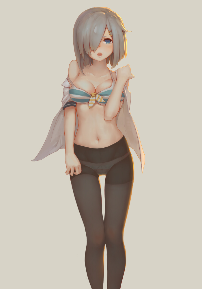 1girl backlighting black_legwear blue_eyes breasts cleavage collarbone cowboy_shot front-tie_top grey_background hair_ornament hair_over_one_eye hairclip hamakaze_(kantai_collection) kantai_collection knees_touching large_breasts looking_at_viewer no_pants off_shoulder open_clothes open_mouth open_shirt panties panties_under_pantyhose pantyhose school_uniform serafuku shirt short_hair short_sleeves silver_hair simple_background solo standing strap_slip underwear undressing uta_(pixiv)