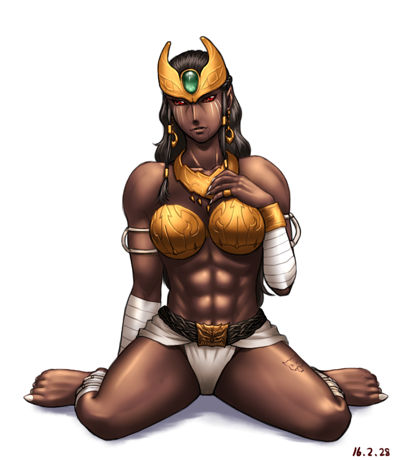 1girl abs arm_wrap armlet armor barefoot bikini_armor black_hair black_sclera breasts dark_skin earrings female forehead_protector full_body grey_skin hair_tubes jewelry kamen_rider kamen_rider_kuuga_(series) large_breasts muscle muscular_female pointy_ears red_eyes sitting solo taikyokuturugi wariza zu-mebio-da