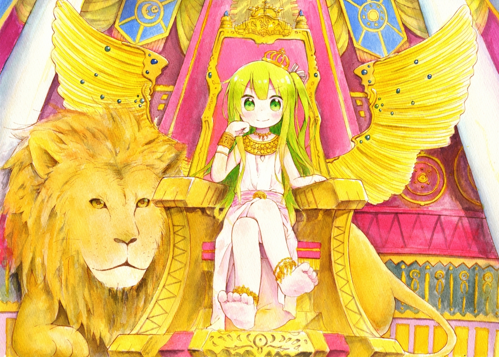 1girl anklet banner barefoot bracelet crossed_legs crown dress full_body green_eyes green_hair hand_on_own_cheek jewelry lion looking_at_viewer necklace nipeira original pillar sitting throne white_dress wings